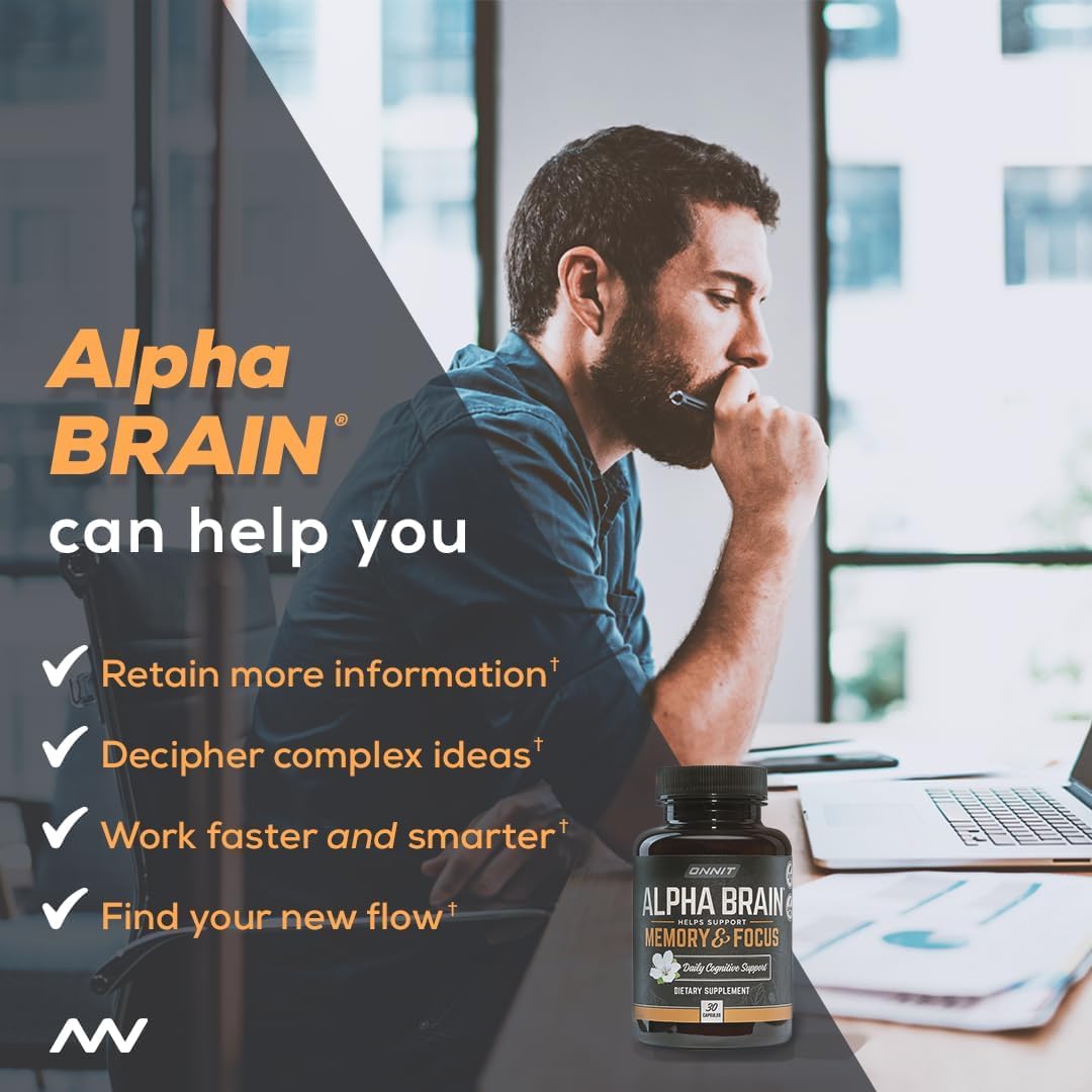 ONNIT Alpha Brain Nootropic Brain Supplement for Men & Women | Memory, Mental Clarity & Cognitive Improvement | Focus Capsules with L-Theanine, Vitamin B6 & Phosphatidylserine (90 Count)