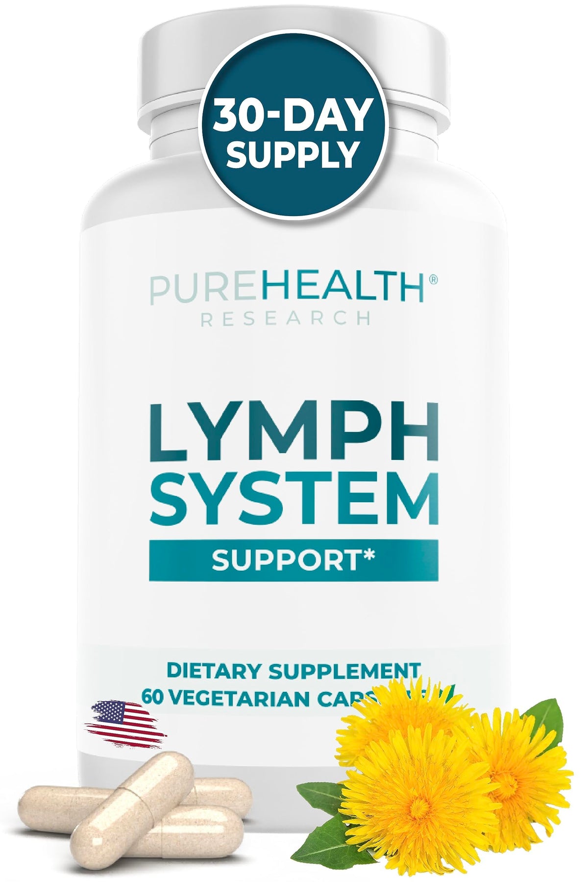 PUREHEALTH RESEARCH Lymph System Support Supplement - Lymphatic Drainage Supplement with Dandelion Extract, Cleavers, Burdock Powder - Reduce Swelling and Cleanse Lymph - 1 Bottle, Brown