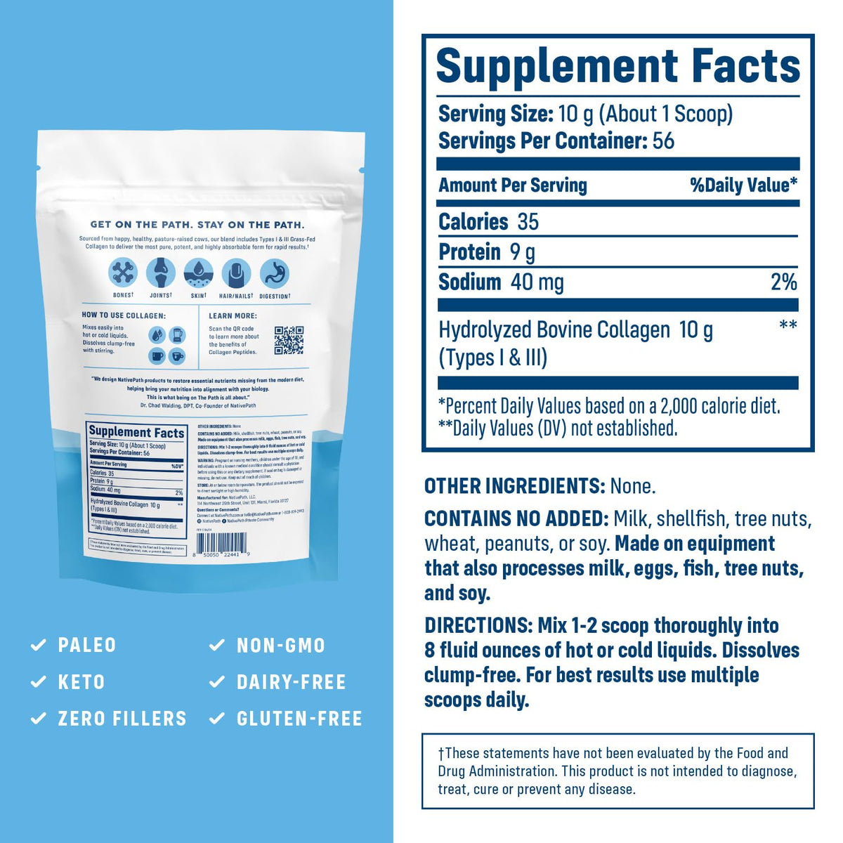NativePath Collagen Peptides - Hydrolyzed Type 1 & 3 Collagen Powder for Skin, Hair, Nails - 8.8 oz (25 Servings)