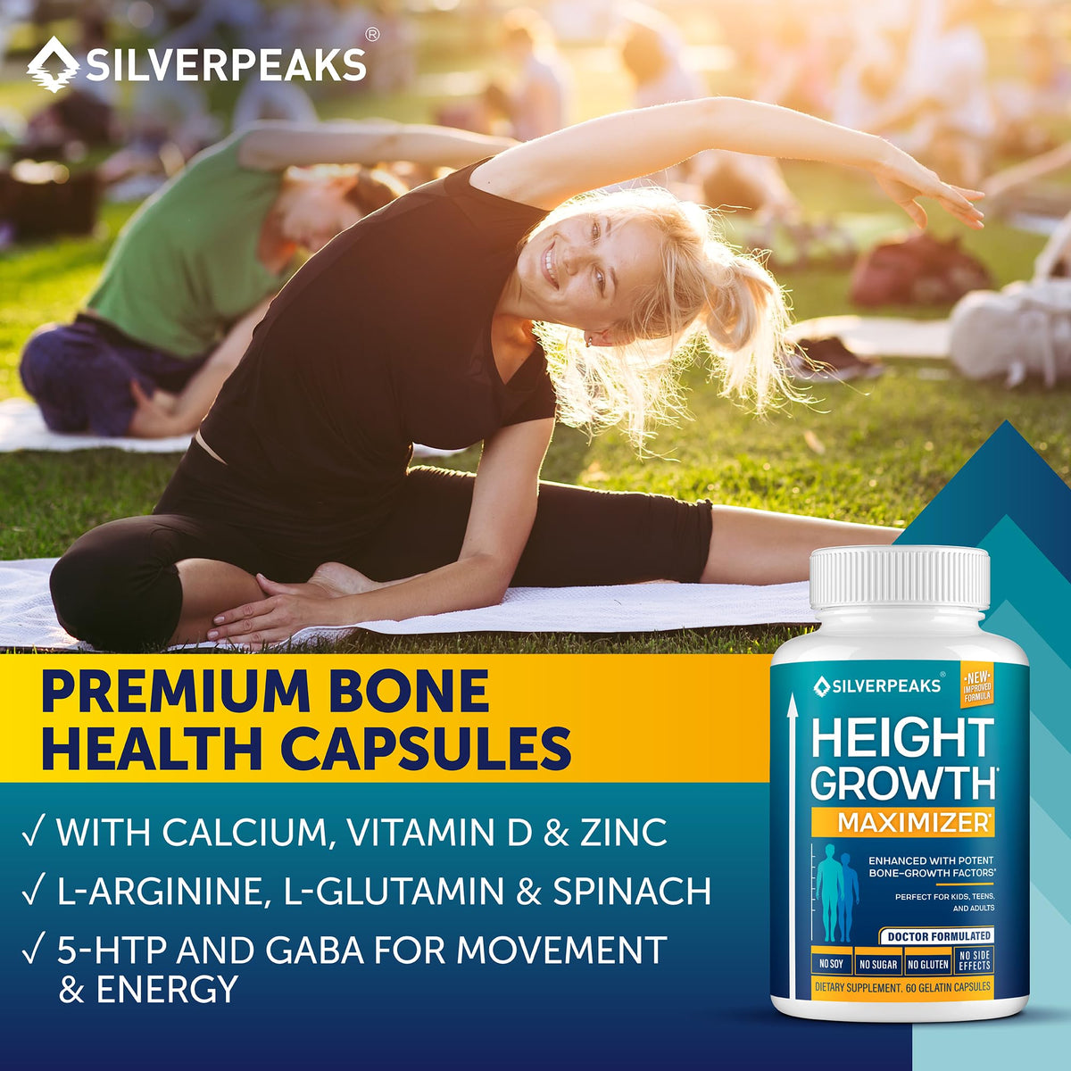 SILVERPEAKS Growth Capsules to Grow Taller - Height Growth Maximizer with Calcium for Bone Strength - Made in USA - Natural Get Taller Supplement - Free of Growth Hormone