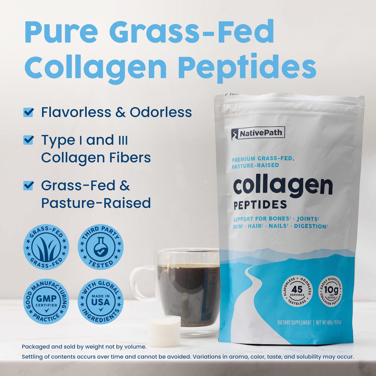 NativePath Collagen Peptides - Hydrolyzed Type 1 & 3 Collagen Powder for Skin, Hair, Nails - 8.8 oz (25 Servings)