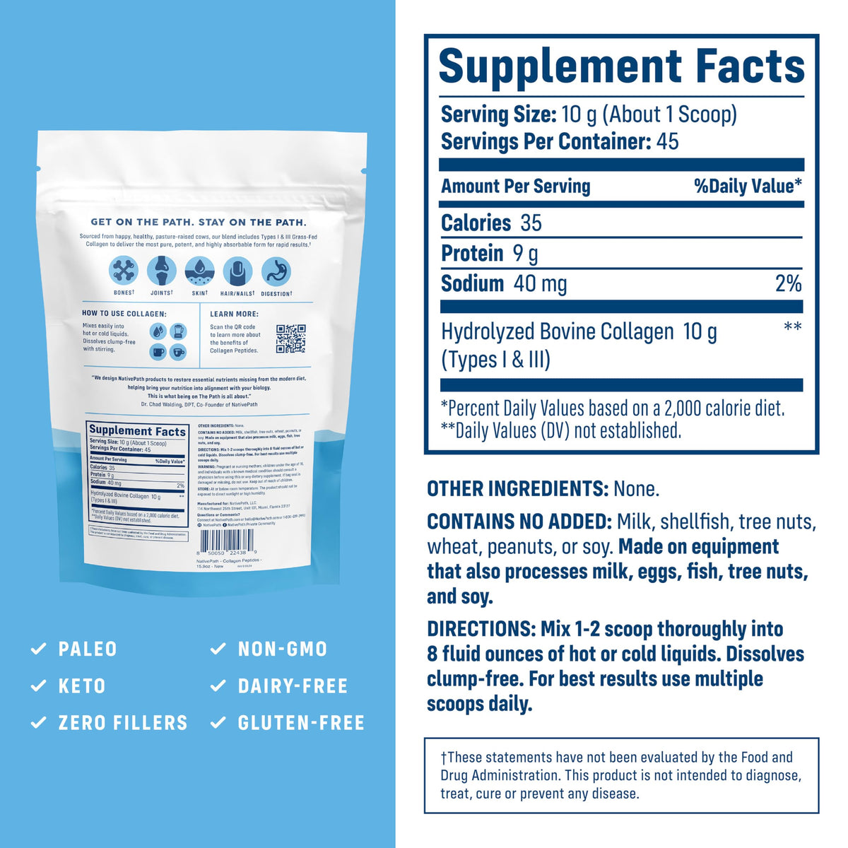 NativePath Collagen Peptides - Hydrolyzed Type 1 & 3 Collagen Powder for Skin, Hair, Nails - 8.8 oz (25 Servings)