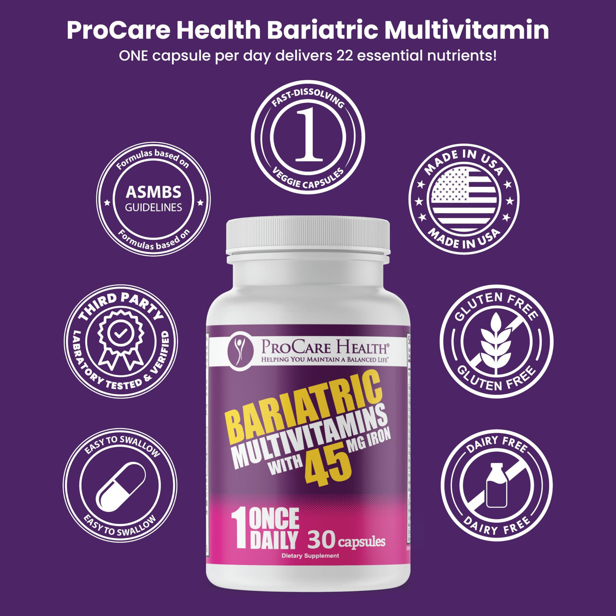 ProCare Health Bariatric Multivitamin 45mg Iron – Once Daily Capsule for Gastric Bypass, Sleeve & Post-Op Support – 90 Easy-to-Swallow Capsules, 3-Month Supply, No Artificial Colors, Gluten-Free