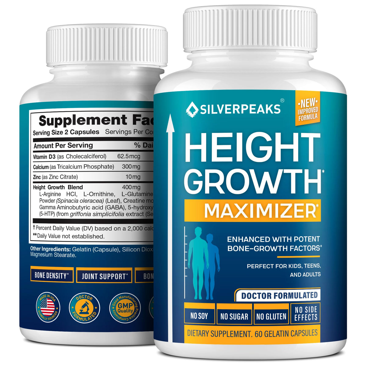 SILVERPEAKS Growth Capsules to Grow Taller - Height Growth Maximizer with Calcium for Bone Strength - Made in USA - Natural Get Taller Supplement - Free of Growth Hormone