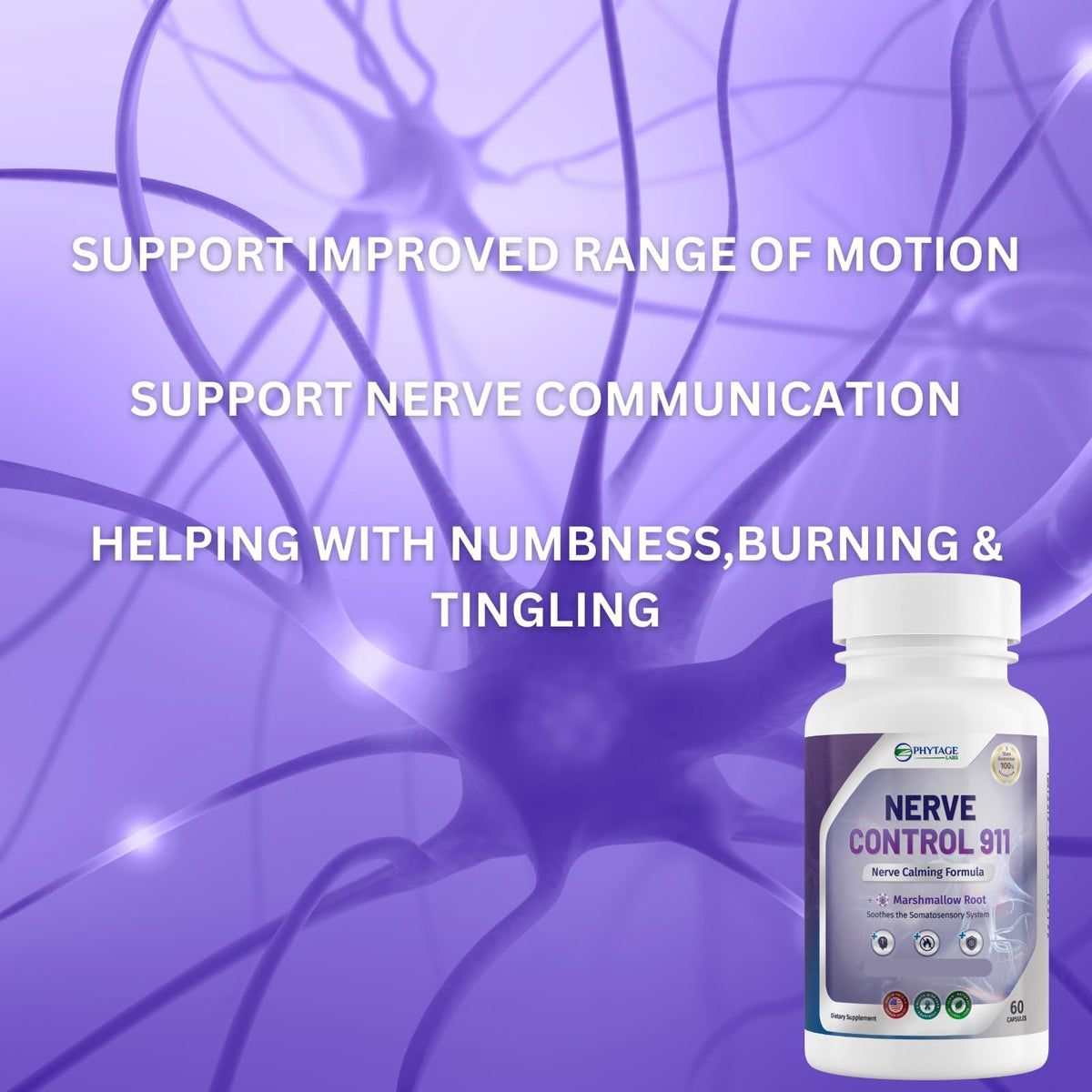 Bottle of Nerve Control 911 with neural network background and text about nerve support.